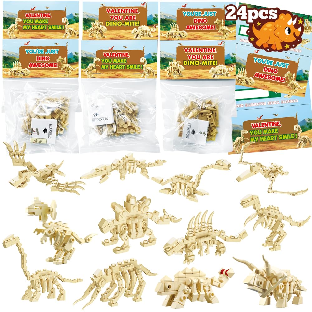 WODMAZ 24 Pack Dinosaur Building Blocks – Easter Basket Stuffers & Valentines Party Favors