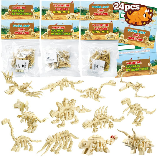 WODMAZ 24 Pack Dinosaur Building Blocks – Easter Basket Stuffers & Valentines Party Favors