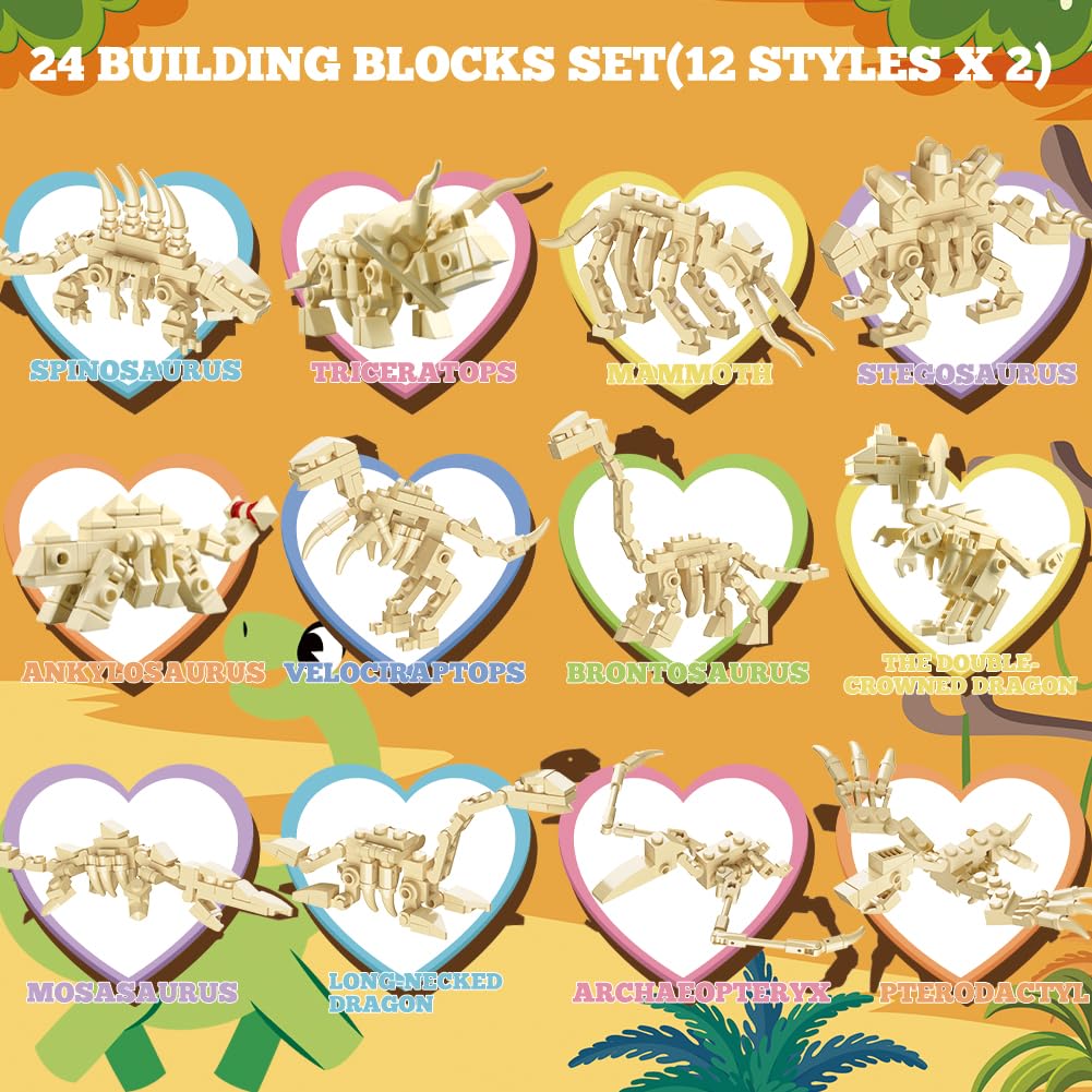 WODMAZ 24 Pack Dinosaur Building Blocks – Easter Basket Stuffers & Valentines Party Favors