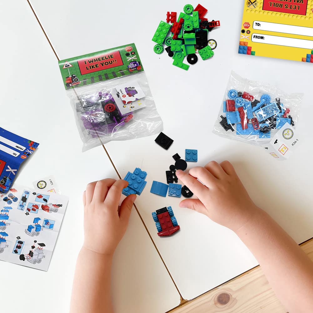 WODMAZ 24-Pack Train Building Blocks with Valentine's Gift Cards — 6-in-1 Set for Kids, Classroom Prizes & Party Favors