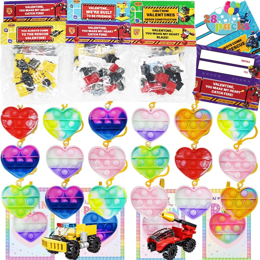 WODMAZ Valentines Day Gifts for Kids – 28-Pack Heart Pop Fidget Toys & Cards