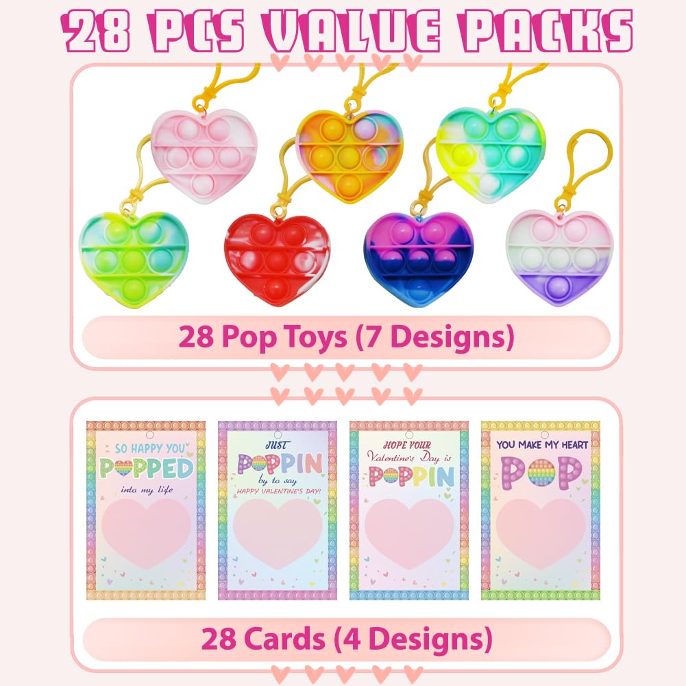 WODMAZ Valentines Day Gifts for Kids – 28-Pack Heart Pop Fidget Toys & Cards