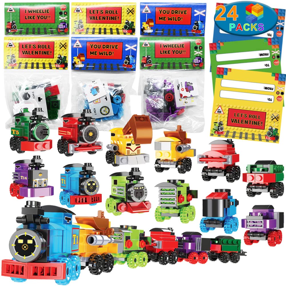 WODMAZ 24-Pack Train Building Blocks with Valentine's Gift Cards — 6-in-1 Set for Kids, Classroom Prizes & Party Favors