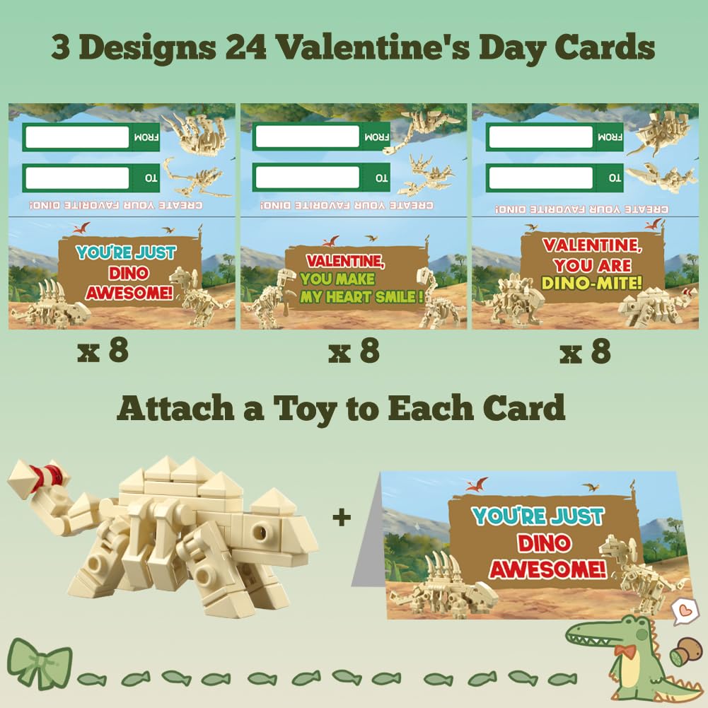 WODMAZ 24 Pack Dinosaur Building Blocks – Easter Basket Stuffers & Valentines Party Favors