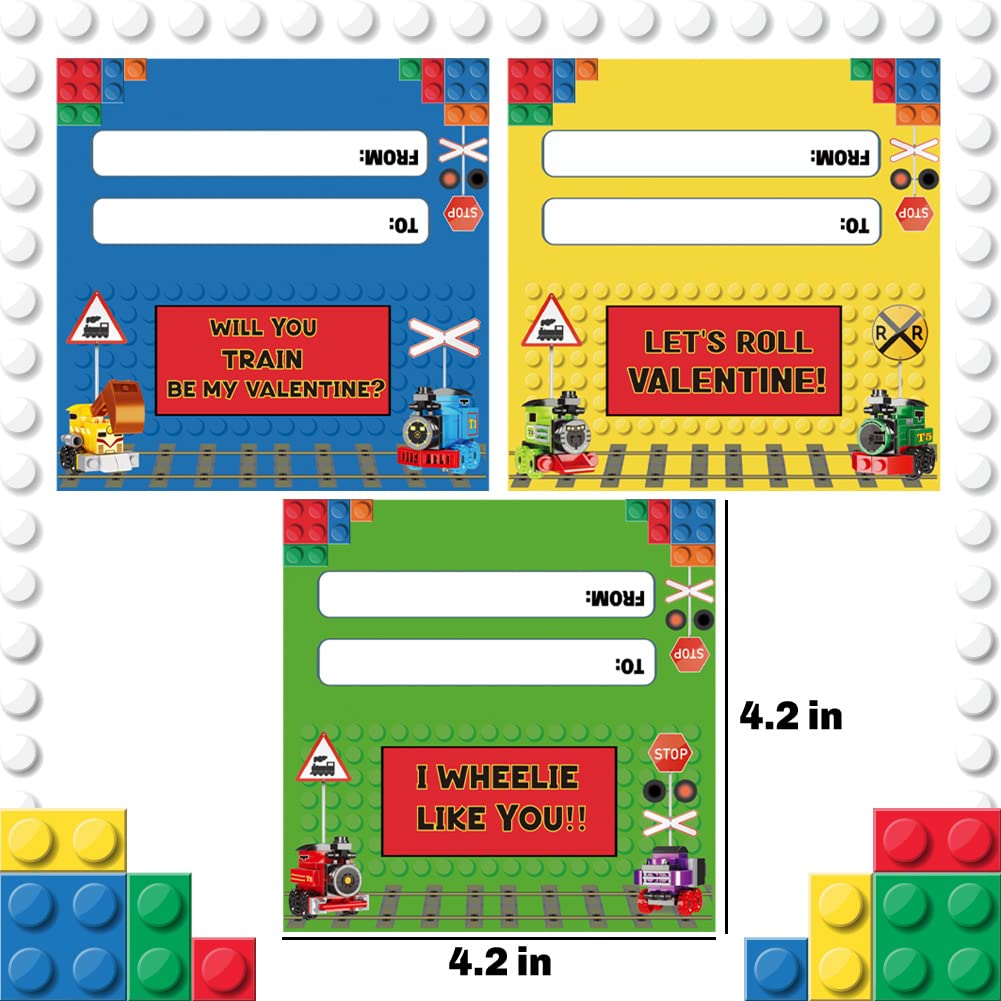 WODMAZ 24-Pack Train Building Blocks with Valentine's Gift Cards — 6-in-1 Set for Kids, Classroom Prizes & Party Favors