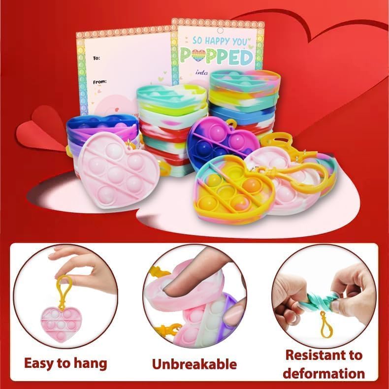 WODMAZ Valentines Day Gifts for Kids – 28-Pack Heart Pop Fidget Toys & Cards