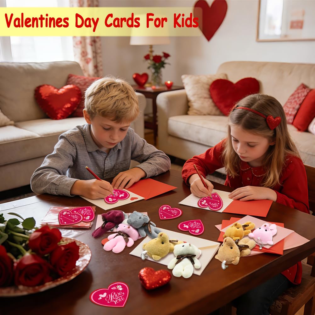 WODMAZ 28-Pack Valentines Plush Bear Keychains with Cards for Classroom Gifts