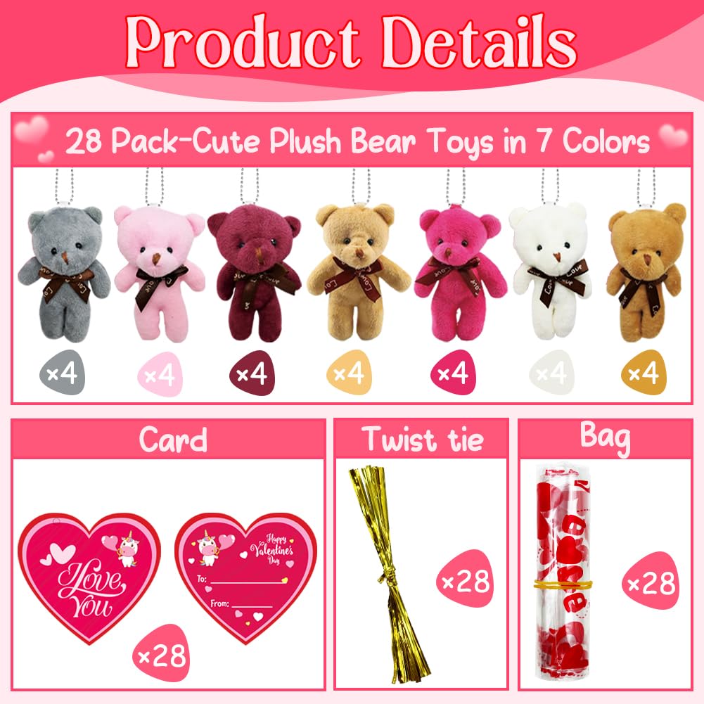 WODMAZ 28-Pack Valentines Plush Bear Keychains with Cards for Classroom Gifts
