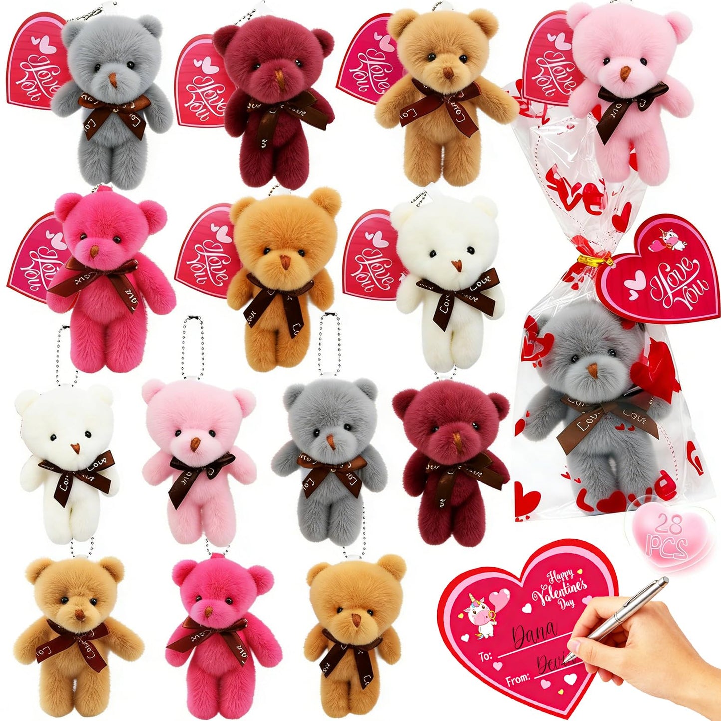 WODMAZ 28-Pack Valentines Plush Bear Keychains with Cards for Classroom Gifts
