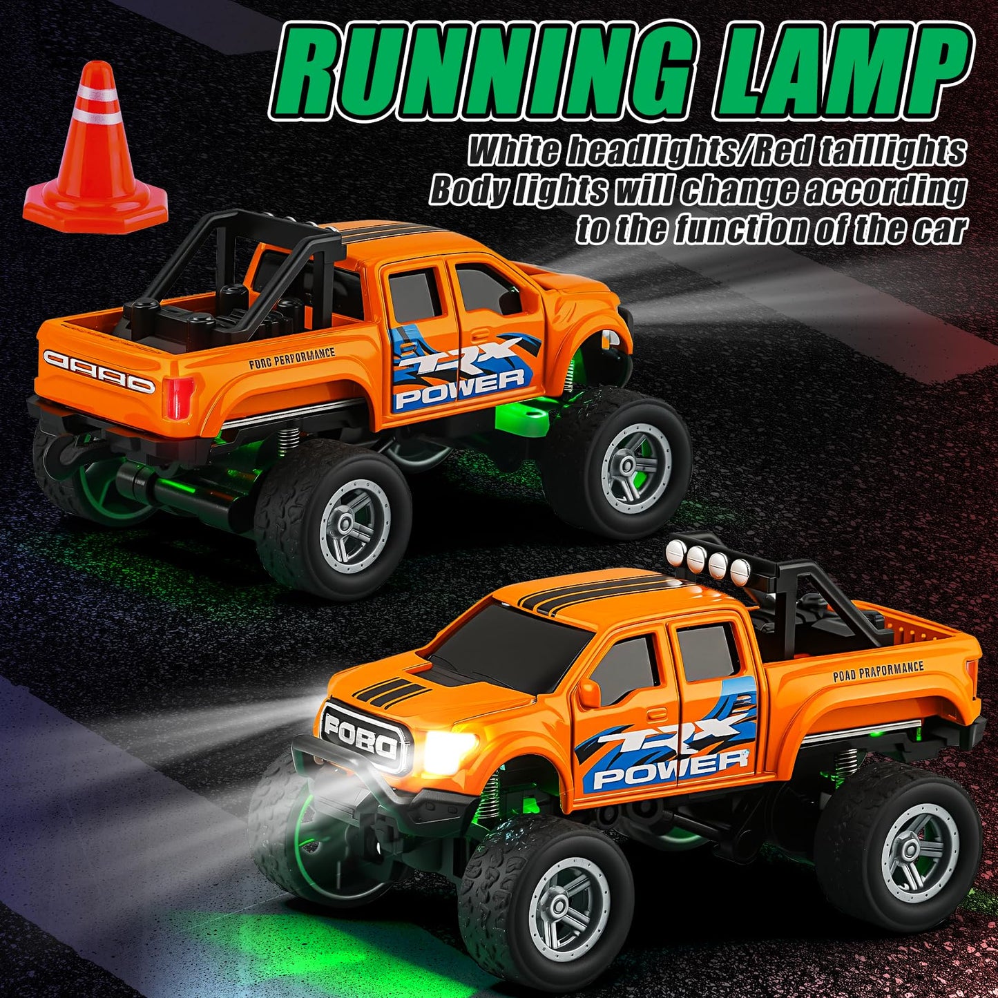 WOHEIHEI Power Monster Truck with Camping Trailer – 1:64 RC, LED Lights, 2.4GHz, 3-Speed (Blue)