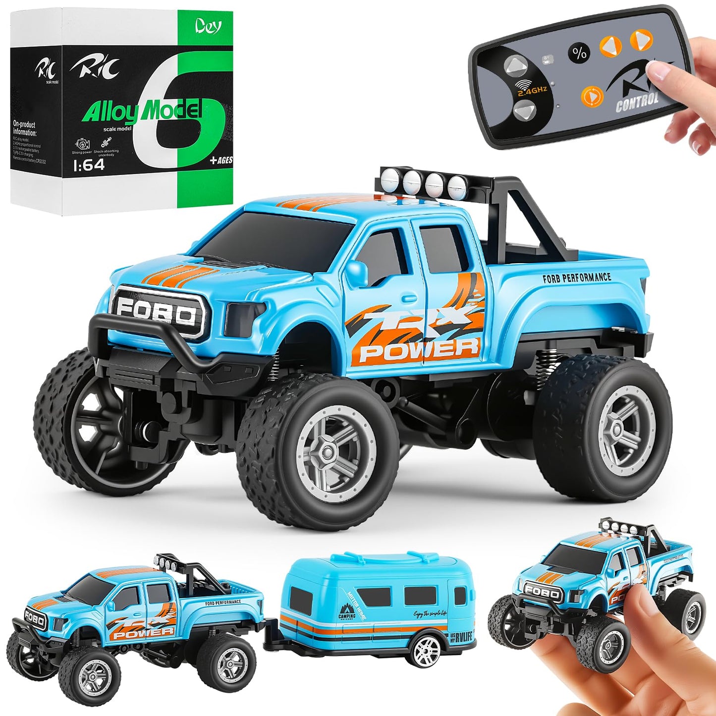 WOHEIHEI Power Monster Truck with Camping Trailer – 1:64 RC, LED Lights, 2.4GHz, 3-Speed (Blue)