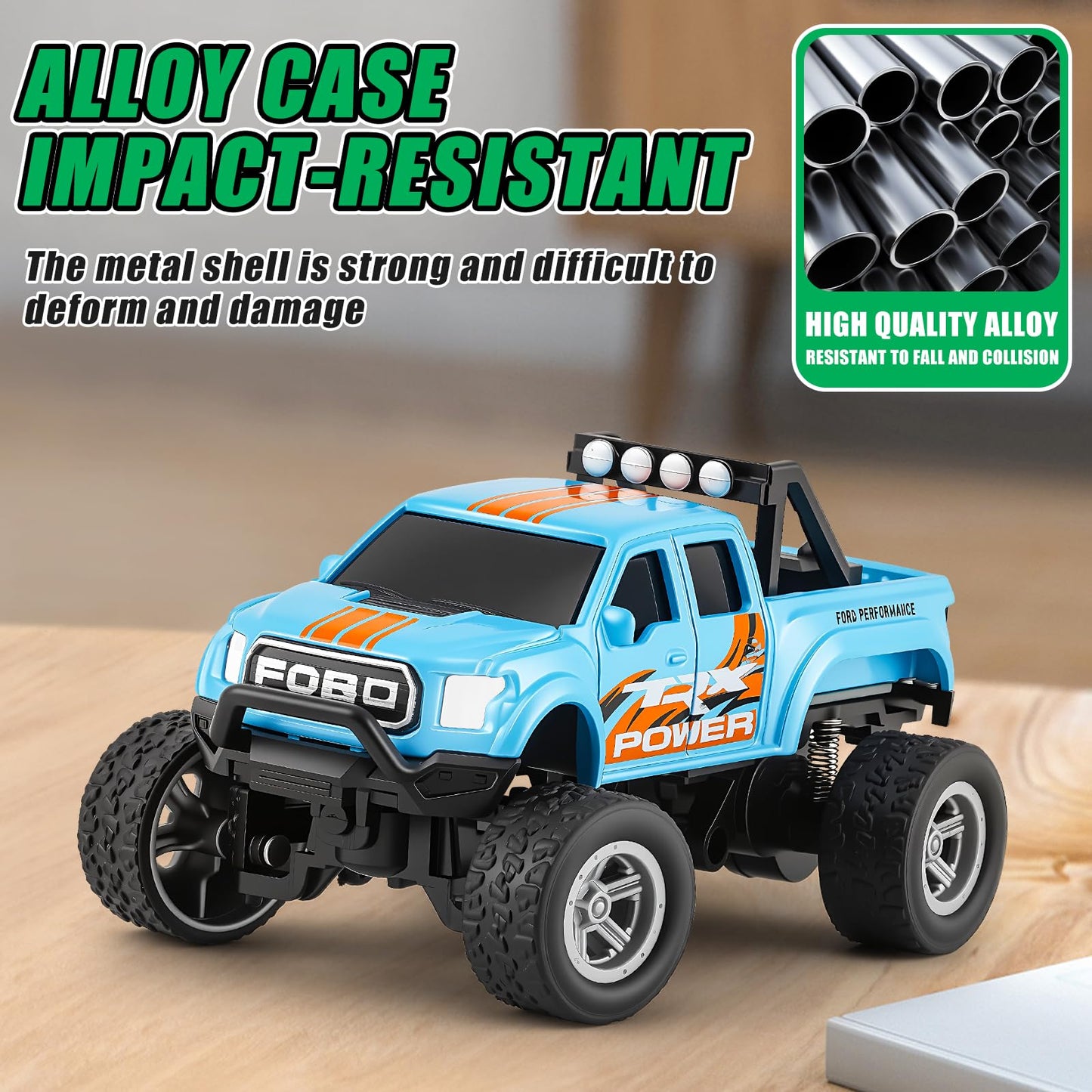 WOHEIHEI Power Monster Truck with Camping Trailer – 1:64 RC, LED Lights, 2.4GHz, 3-Speed (Blue)