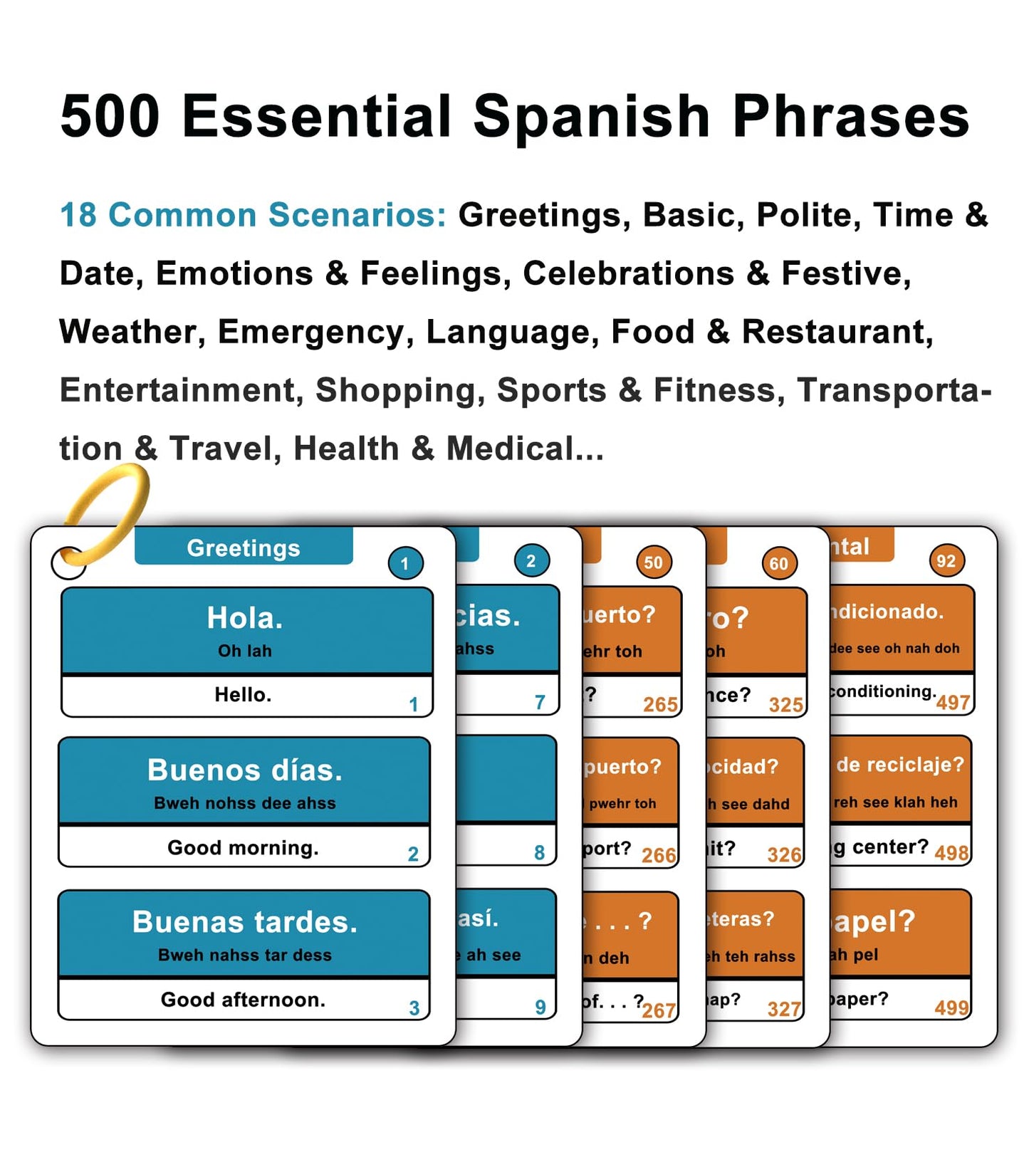 Woifish 500 Common Spanish Phrases Flash Cards for Beginners