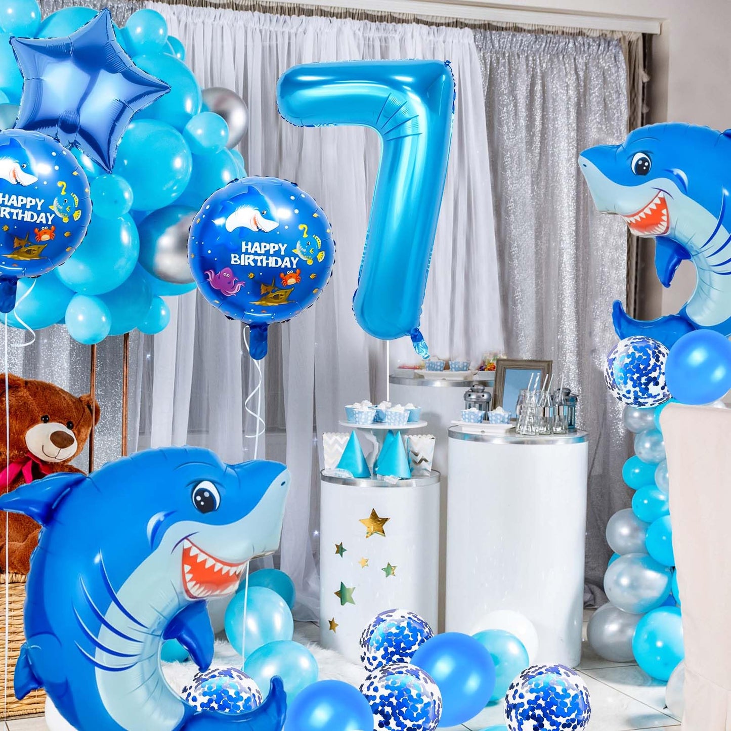 Woizoeiy 40-Inch Shark Number 7 Balloon – Blue Giant Foil for Ocean Party Decor