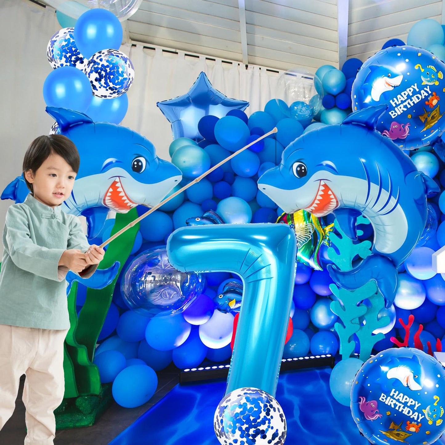Woizoeiy 40-Inch Shark Number 7 Balloon – Blue Giant Foil for Ocean Party Decor