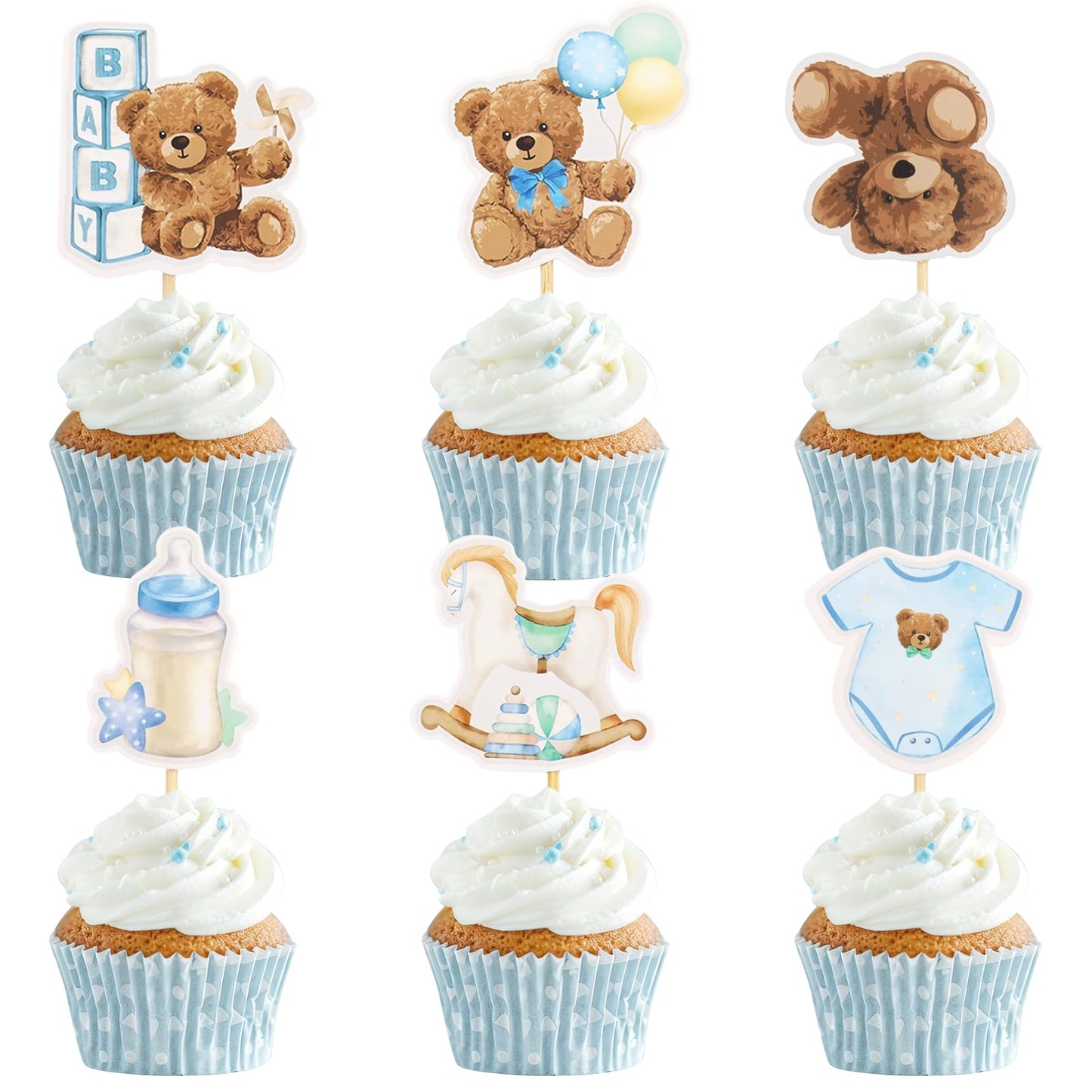 Wolpark 24 Pcs Blue Bear Cupcake Toppers for Teddy Bear Party Decor
