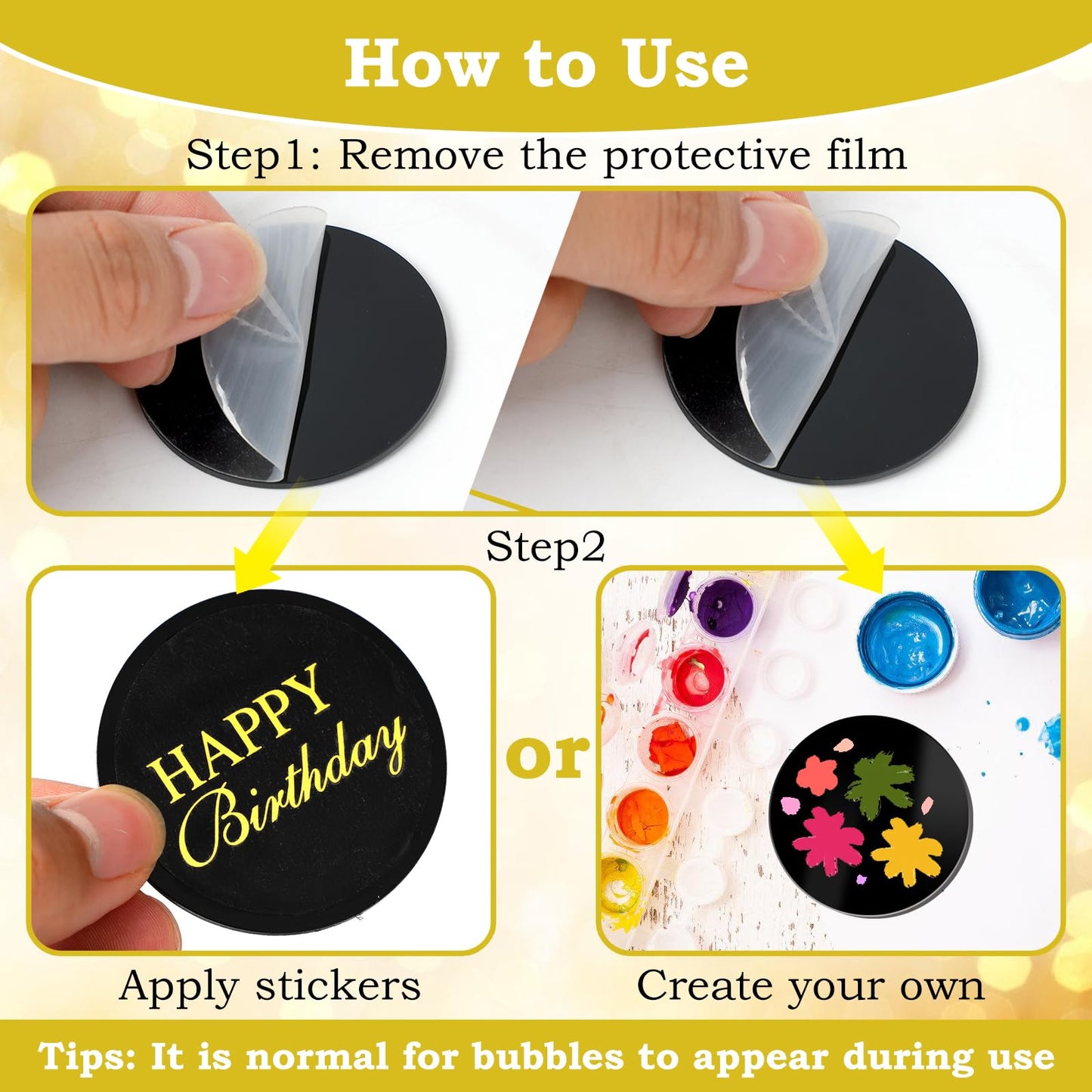 Wolpark 20 Pcs 2-Inch Black Round Blank Acrylic Cupcake Toppers with Stickers – DIY Circle Cake Decor for Parties