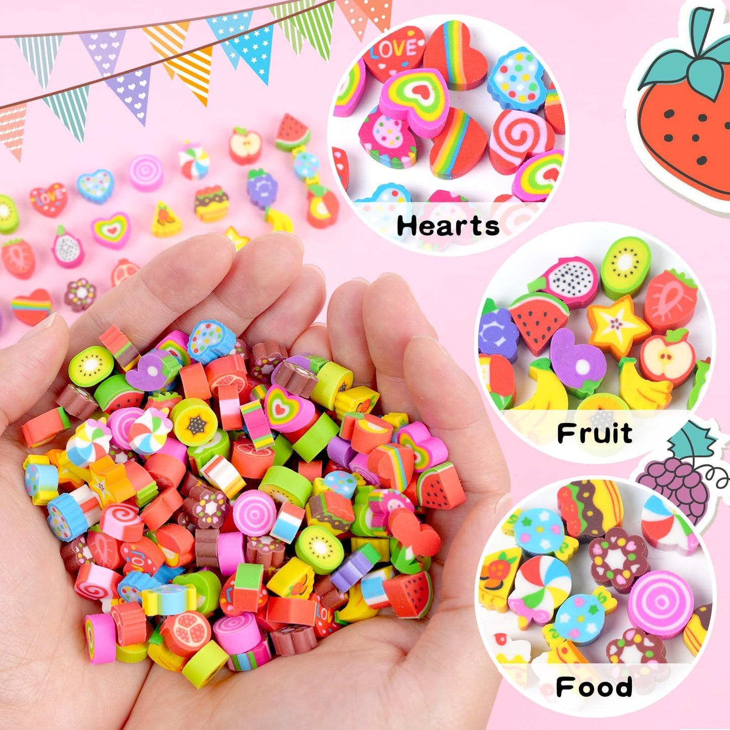 Wolpark Food Heart Mini Erasers – 170Pcs Bulk for Kids, Desk Rewards & Party Favors
