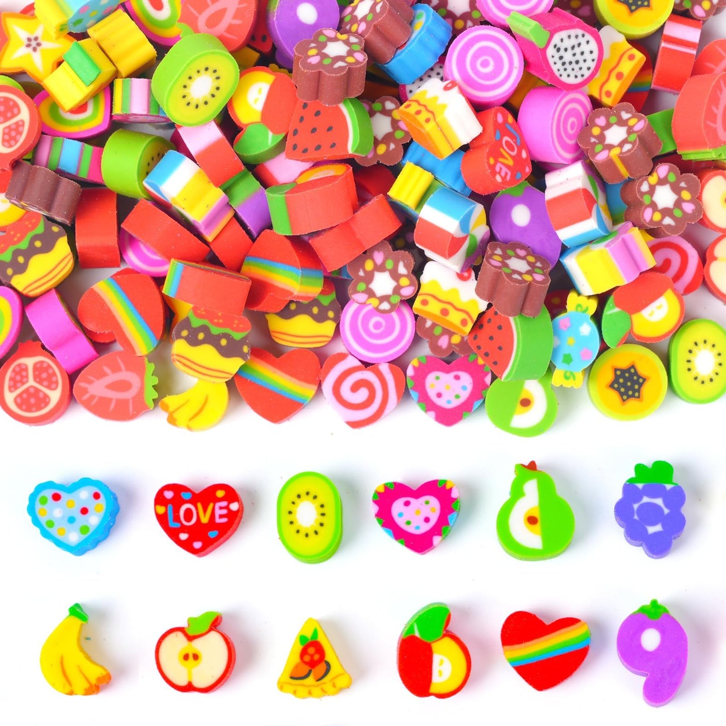 Wolpark Food Heart Mini Erasers – 170Pcs Bulk for Kids, Desk Rewards & Party Favors