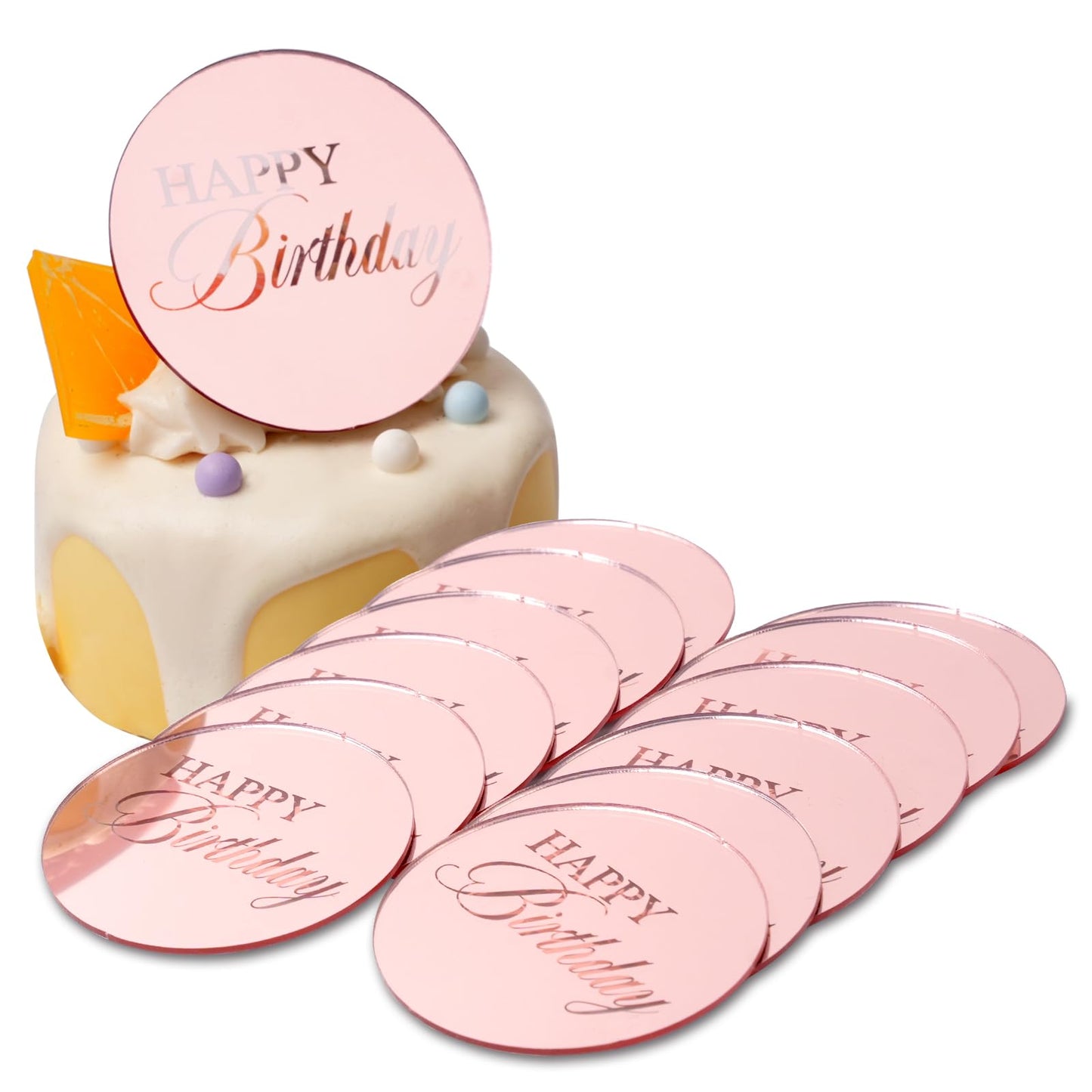 Wolpark 20pcs Pink Mirror Cupcake Toppers – Reusable Acrylic Cake Picks for Birthday Party Decor