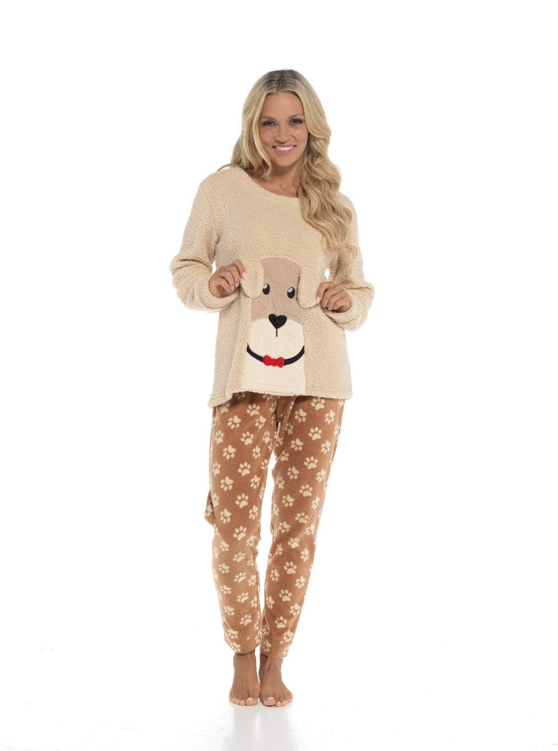 Women's Luxurious Fleece Pyjama Set Dog Snuggle Design Cosy Loungewear Sleepwear with Long Sleeve Top and Patterned Bottoms Comfortable PJs for Ladies Multiple Sizes Daisy Dreamer