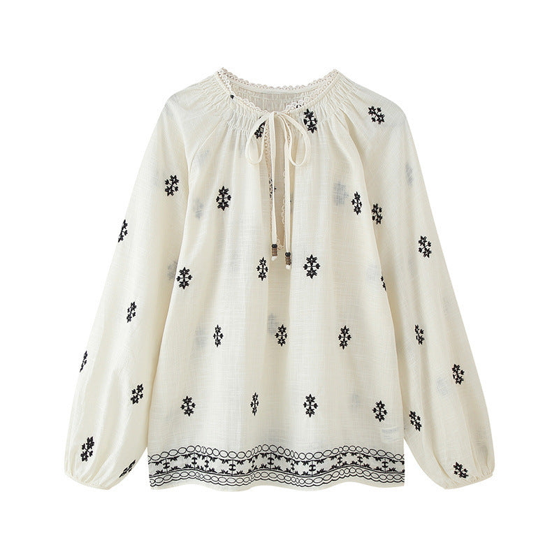 Women's Casual Long Sleeve Lace-up Embroidered Blouse