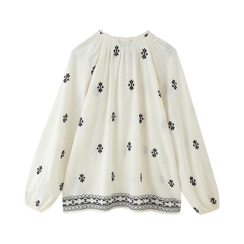 Women's Casual Long Sleeve Lace-up Embroidered Blouse