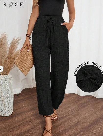Side Lace Wide-Leg Pants - Denim Effect