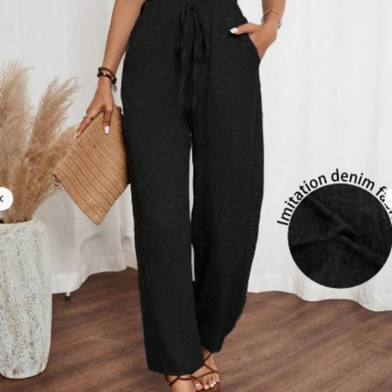 Side Lace Wide-Leg Pants - Denim Effect