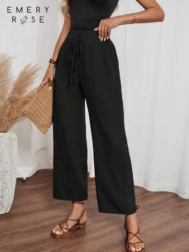 Side Lace Wide-Leg Pants - Denim Effect