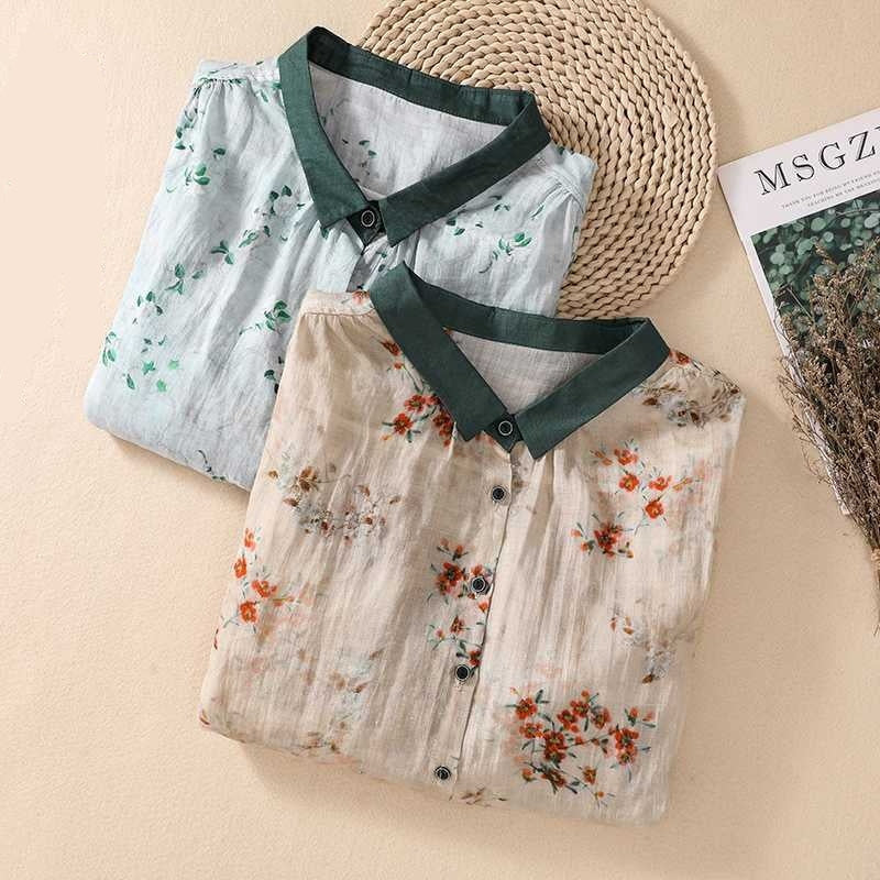 Women's Cotton And Linen Top, Loose Printed Linen Shirt