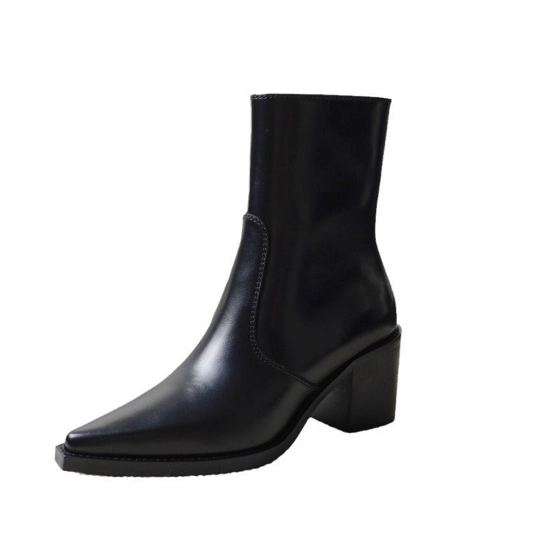 Pointed Toe Leather High Heel Ankle Boots - Black