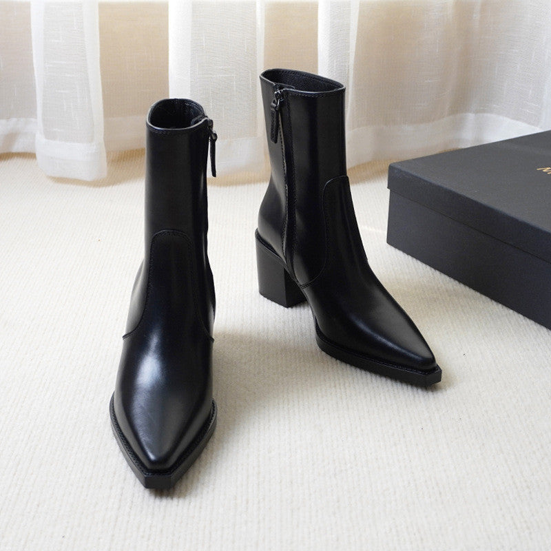 Pointed Toe Leather High Heel Ankle Boots - Black