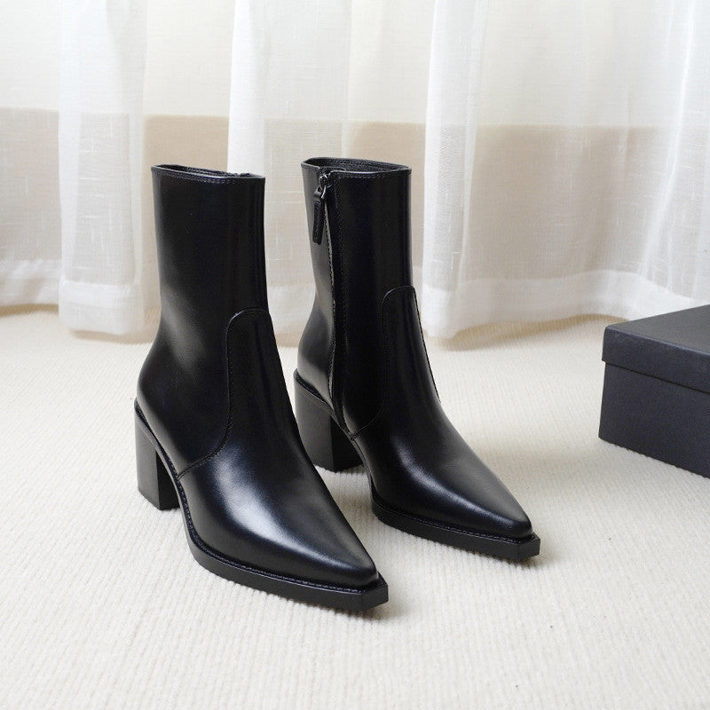 Pointed Toe Leather High Heel Ankle Boots - Black