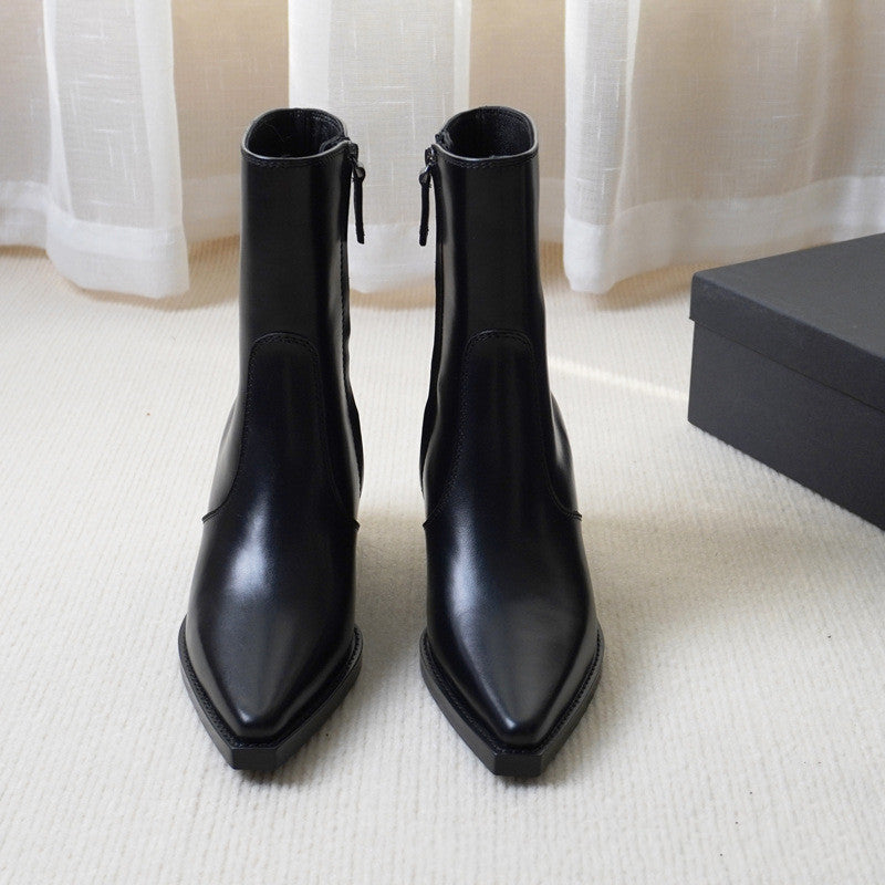 Pointed Toe Leather High Heel Ankle Boots - Black