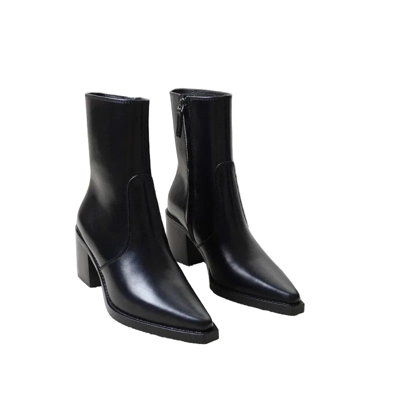Pointed Toe Leather High Heel Ankle Boots - Black
