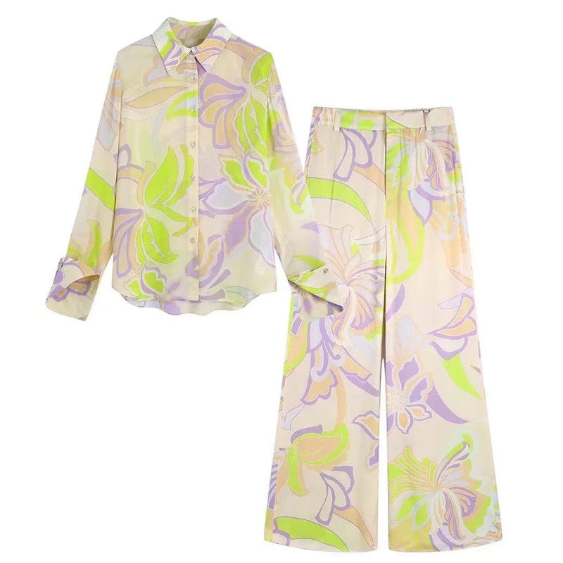 French Retro Printed Shirt & Straight-leg Trousers Set | Modest Two-Pieces Suit