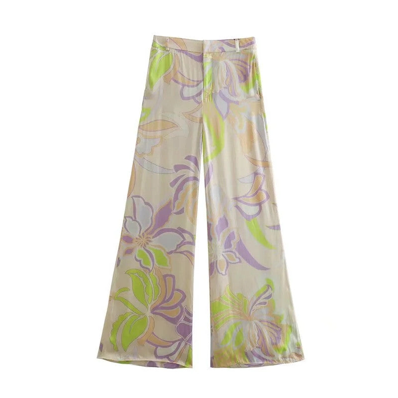 French Retro Printed Shirt & Straight-leg Trousers Set | Modest Two-Pieces Suit