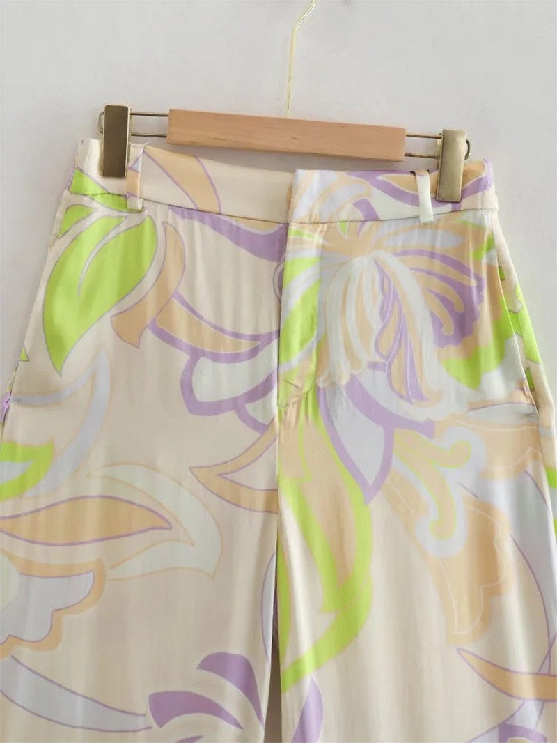 French Retro Printed Shirt & Straight-leg Trousers Set | Modest Two-Pieces Suit