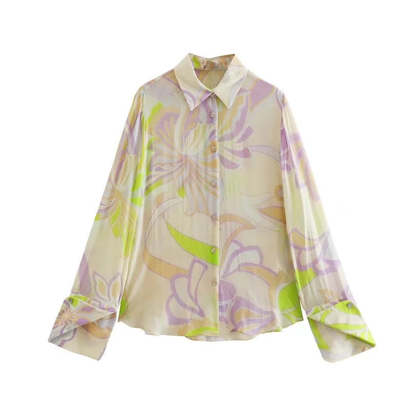French Retro Printed Shirt & Straight-leg Trousers Set | Modest Two-Pieces Suit