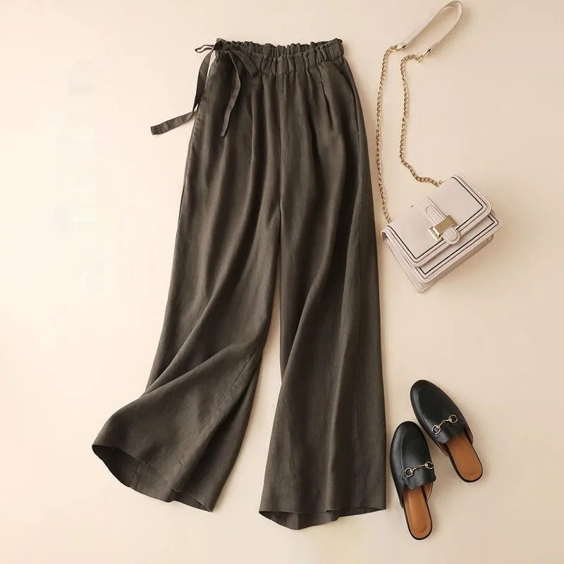 Women's High Waist Side Lace-up Retro Elastic-waist Casual Pants