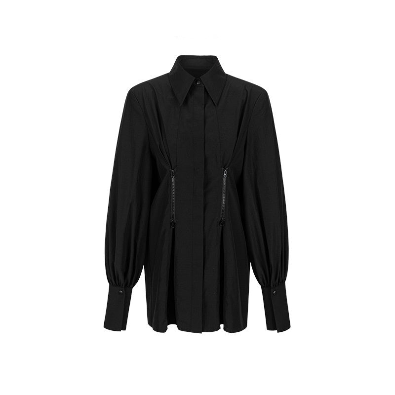 Women’s Luxury Zipper Detailed Blouse, Long Sleeve Waist Trimming Shirt