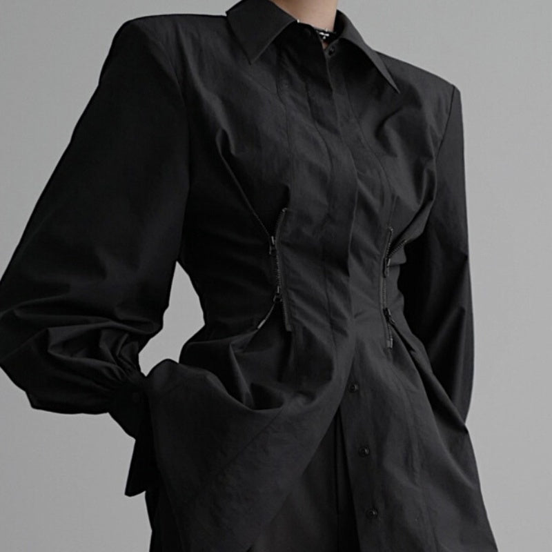 Women’s Luxury Zipper Detailed Blouse, Long Sleeve Waist Trimming Shirt