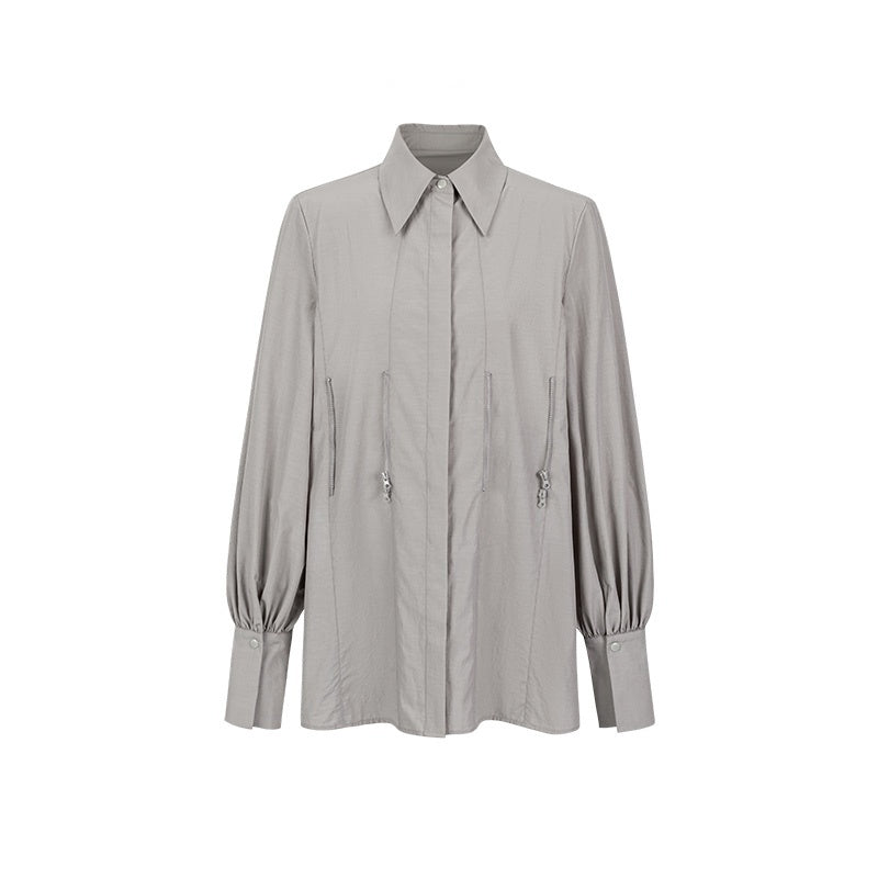 Women’s Luxury Zipper Detailed Blouse, Long Sleeve Waist Trimming Shirt