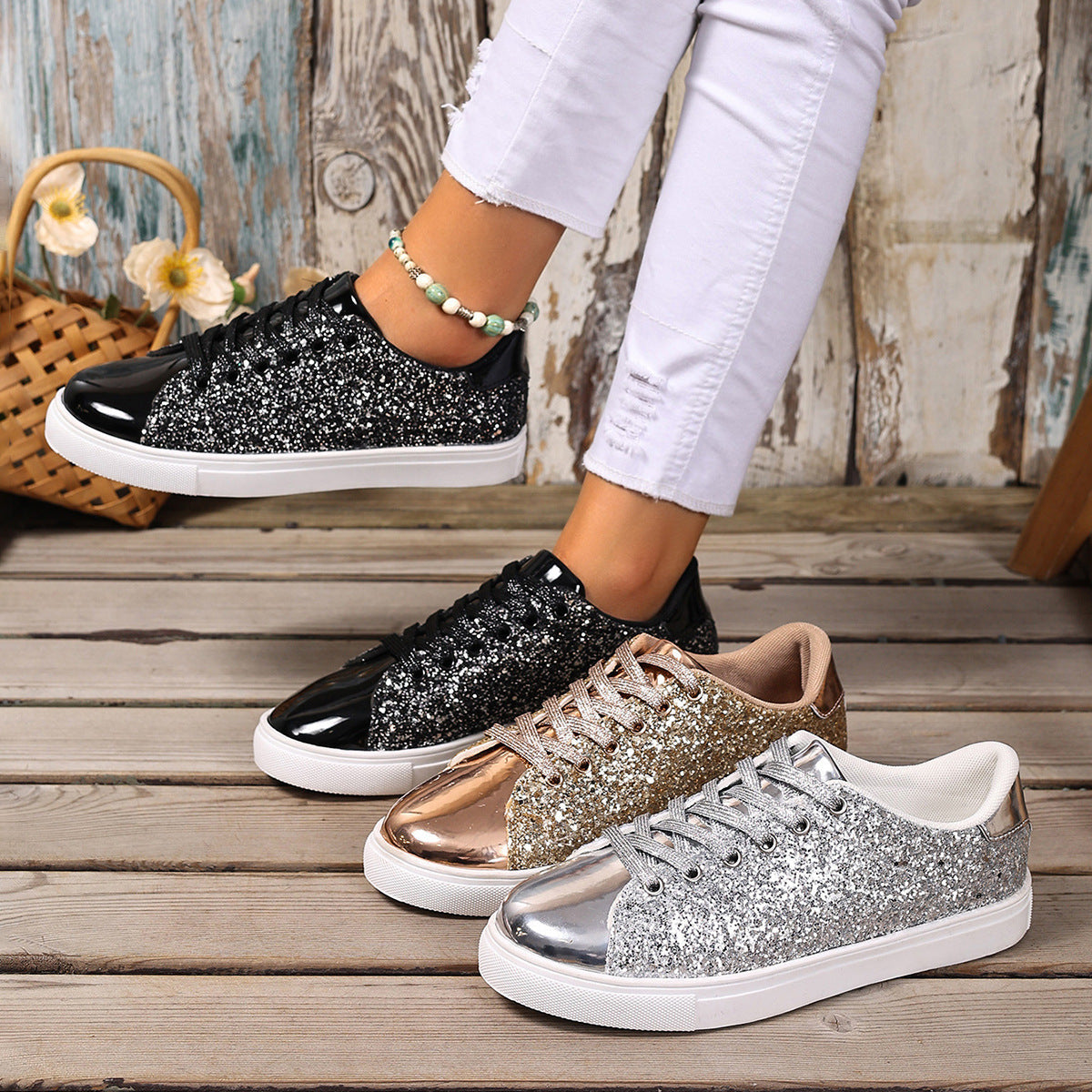 Women’s Sequined Front Lace-up Solid Colour Plus Size Board Shoes