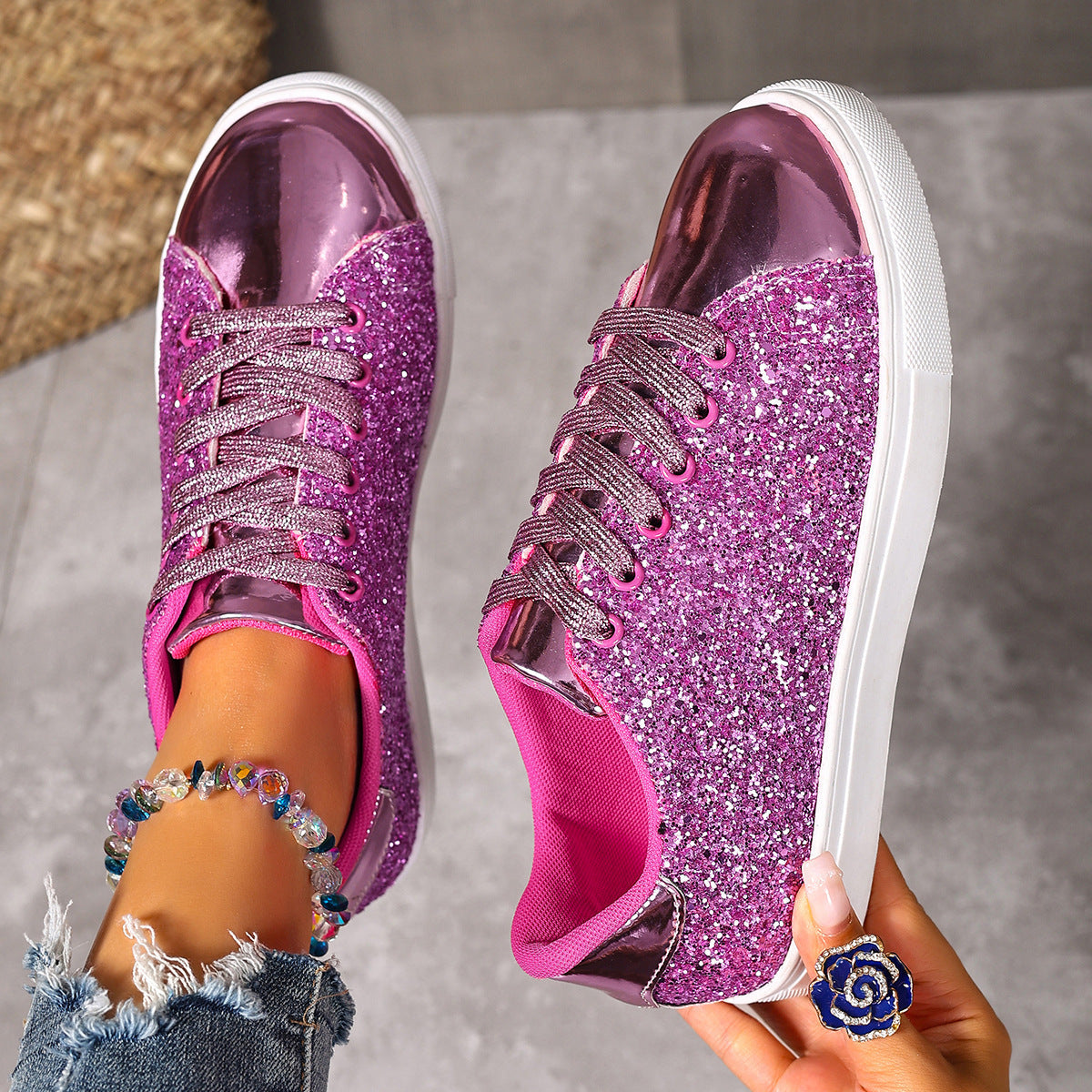 Women’s Sequined Front Lace-up Solid Colour Plus Size Board Shoes