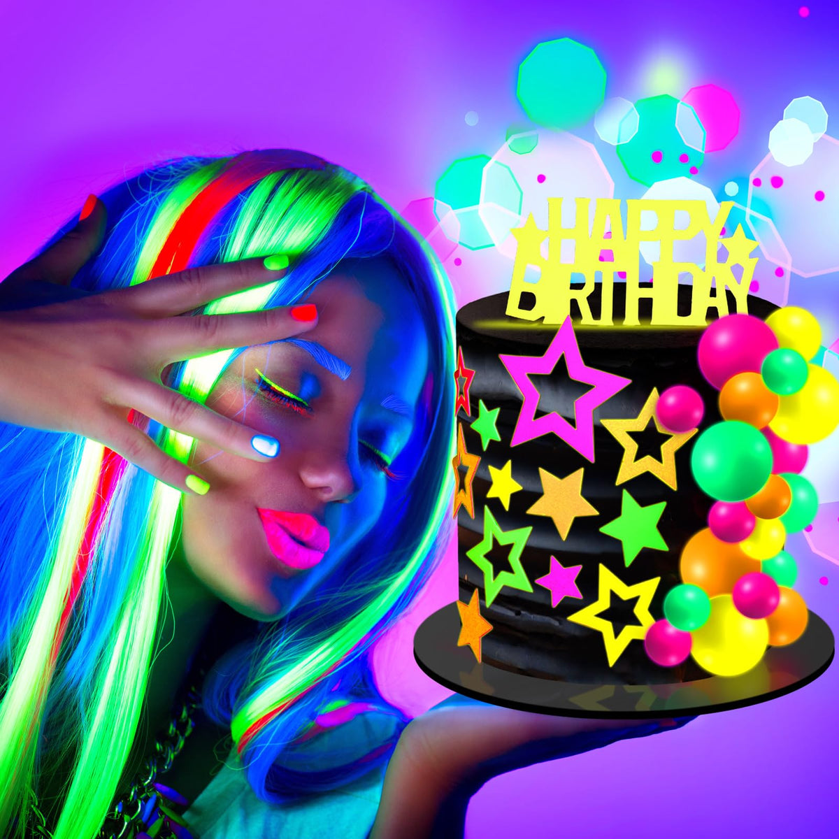 Wonderjune 57 Pcs Neon Cake Decorations – Glow in the Dark Toppers & Picks