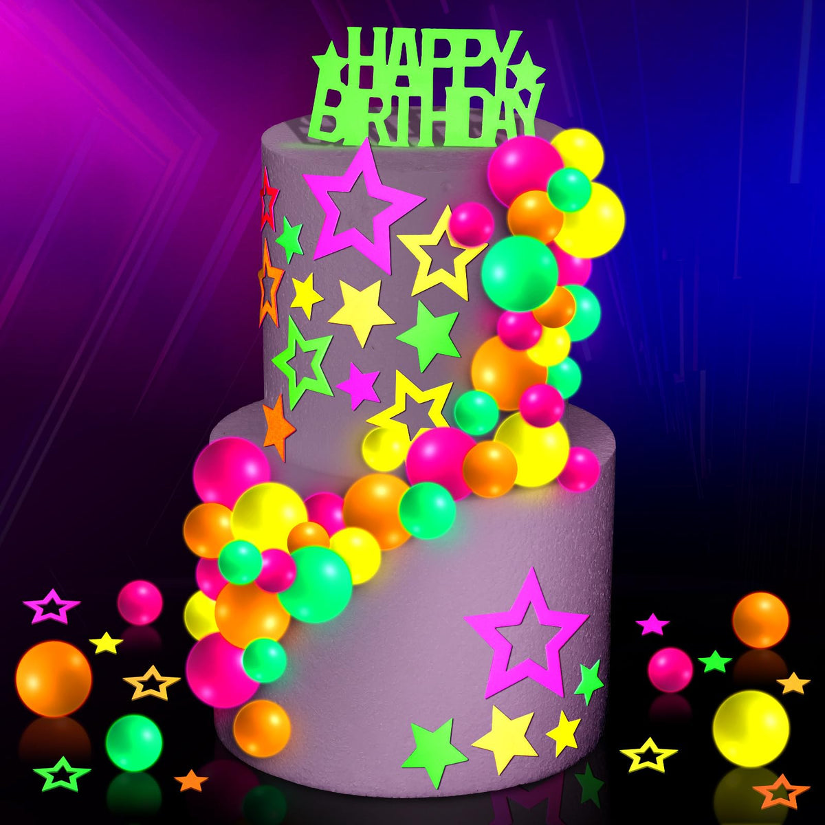 Wonderjune 57 Pcs Neon Cake Decorations – Glow in the Dark Toppers & Picks