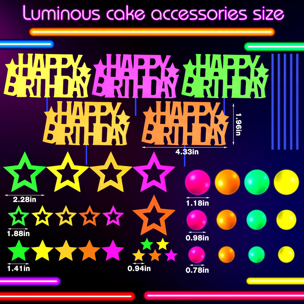 Wonderjune 57 Pcs Neon Cake Decorations – Glow in the Dark Toppers & Picks