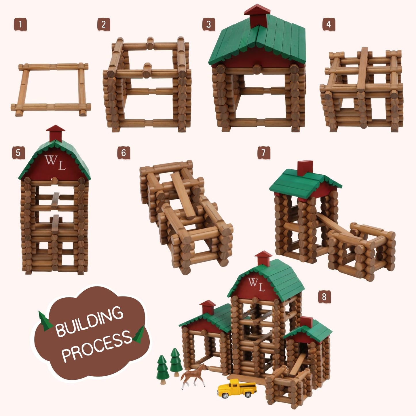 Wondertoys 330 Pcs Wooden Log Set – Real Wood Logs, Portable Carry Case, Educational Building Toy (Ages 3+)